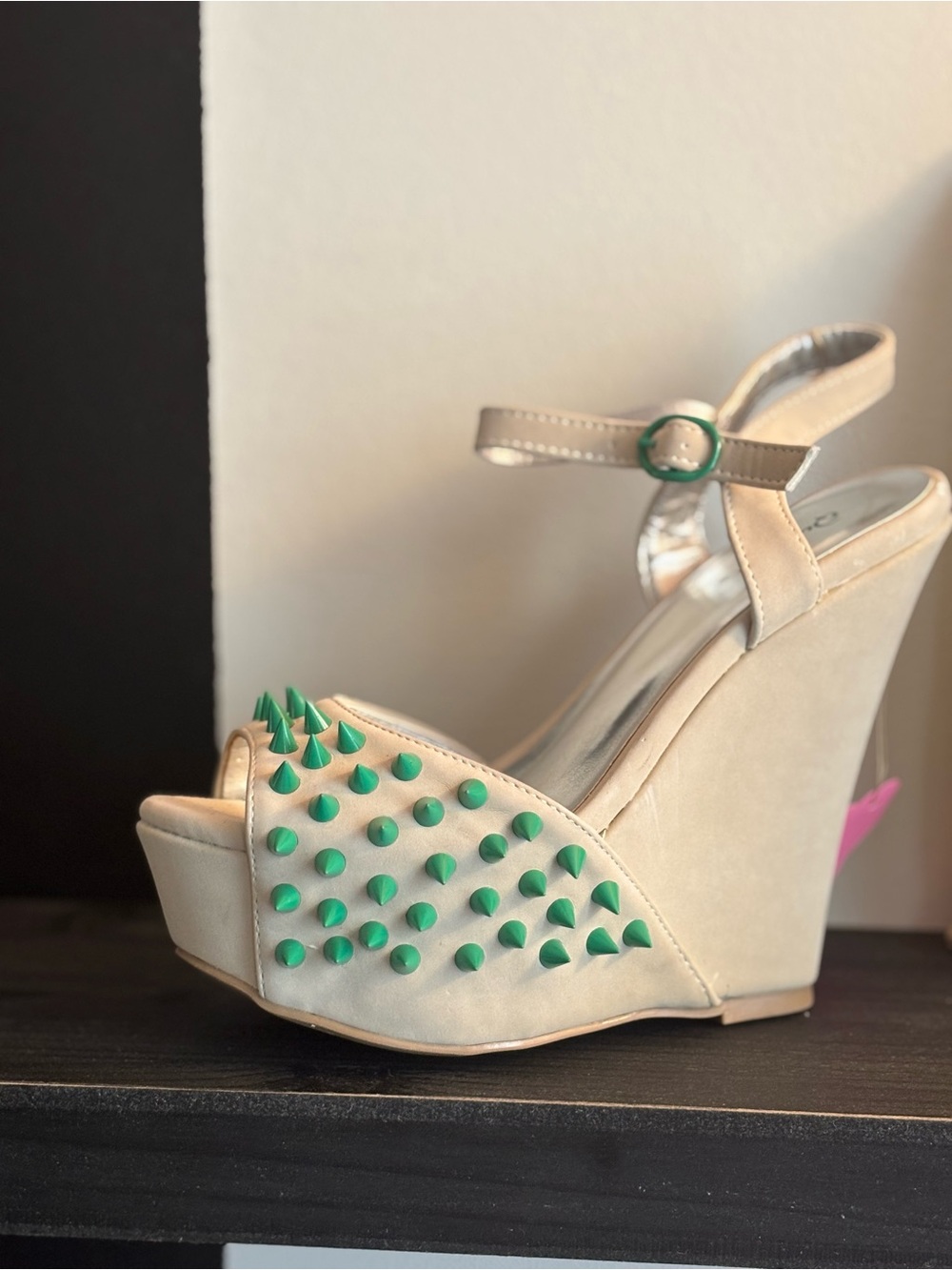 Qupid Beige Wedge Sandals with Green Studs